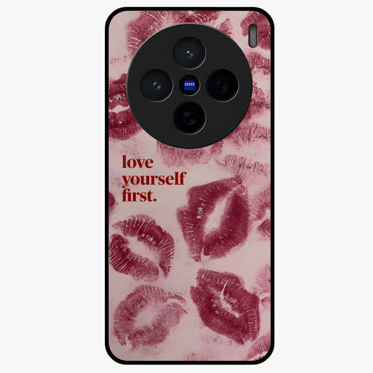 Crimson Kiss Love Glass Case showing flat back view with romantic crimson themed artwork and glossy glass finish.