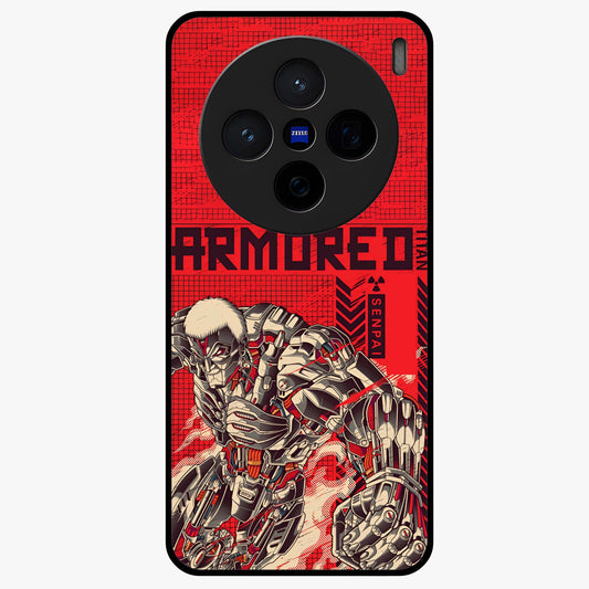 Crimson Mecha Titan Glass Case showing flat back view with powerful mech titan artwork and glossy glass finish.