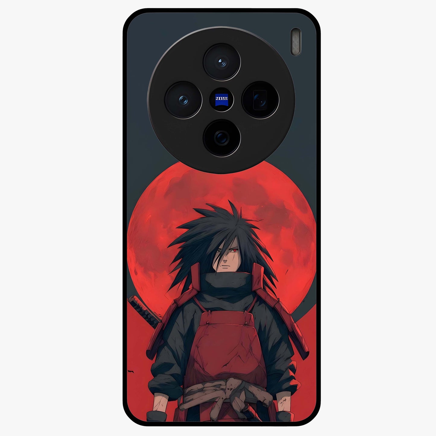 Crimson Moon Warlord Glass Case showing flat back view with mystical moon warrior artwork and glossy glass finish.