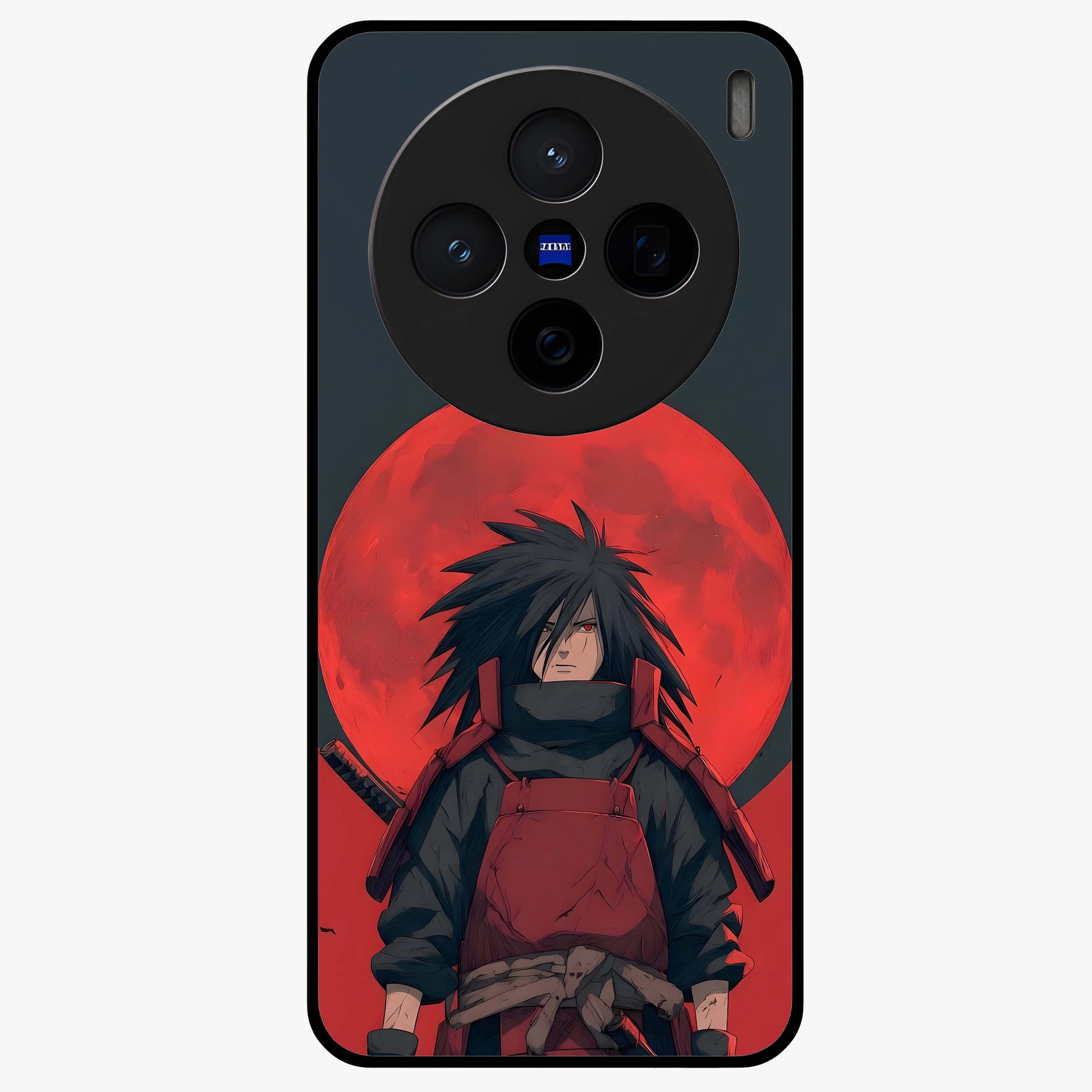 Crimson Moon Warlord Glass Case showing flat back view with mystical moon warrior artwork and glossy glass finish.