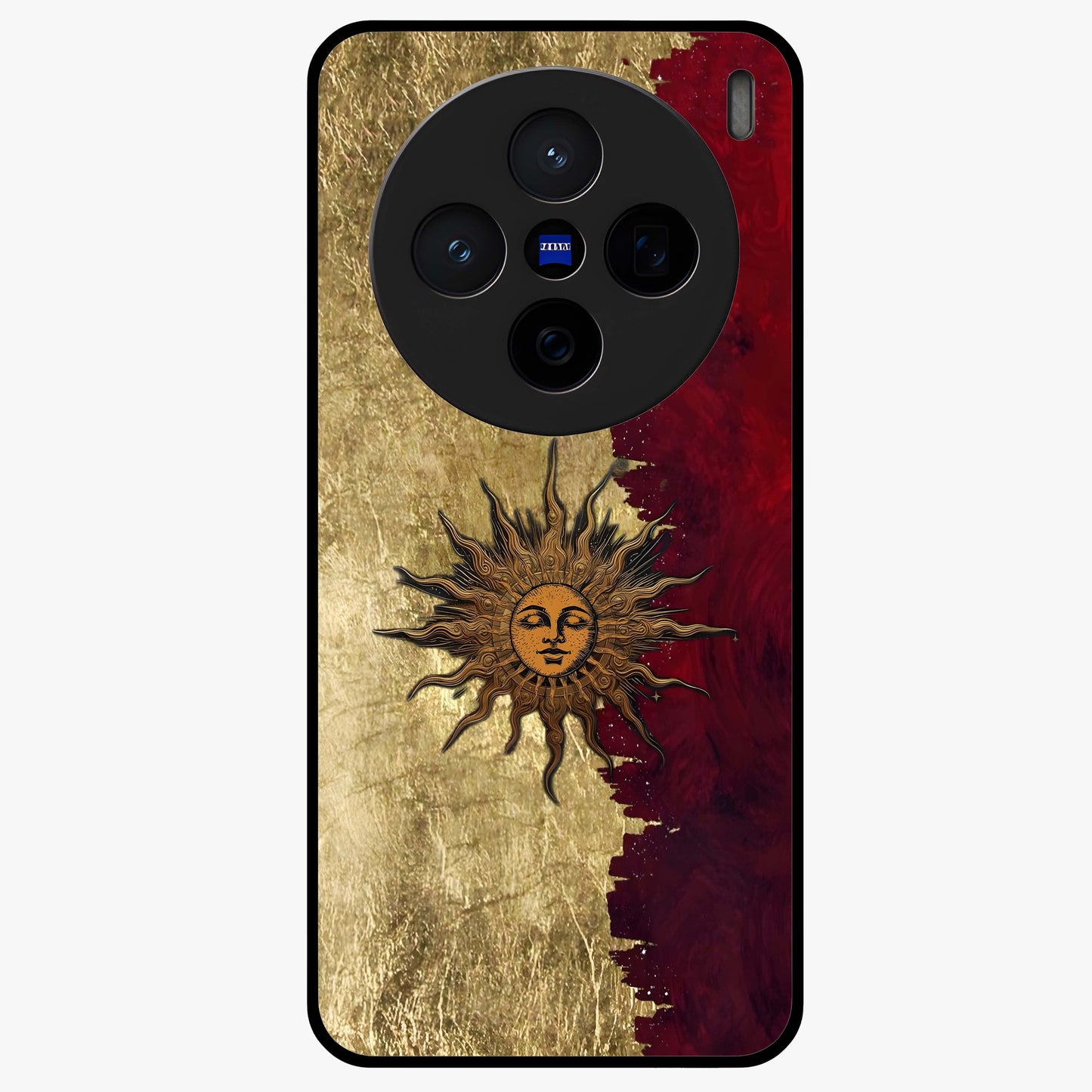 Crimson Sun Majesty Glass Case showing flat back view with radiant sun inspired artwork and glossy glass finish.