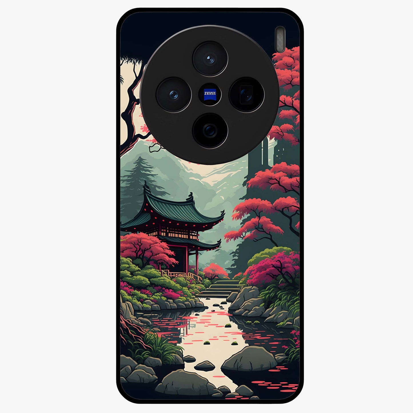 Crimson Temple View Glass Case showing flat back view with temple inspired artwork and glossy glass finish.