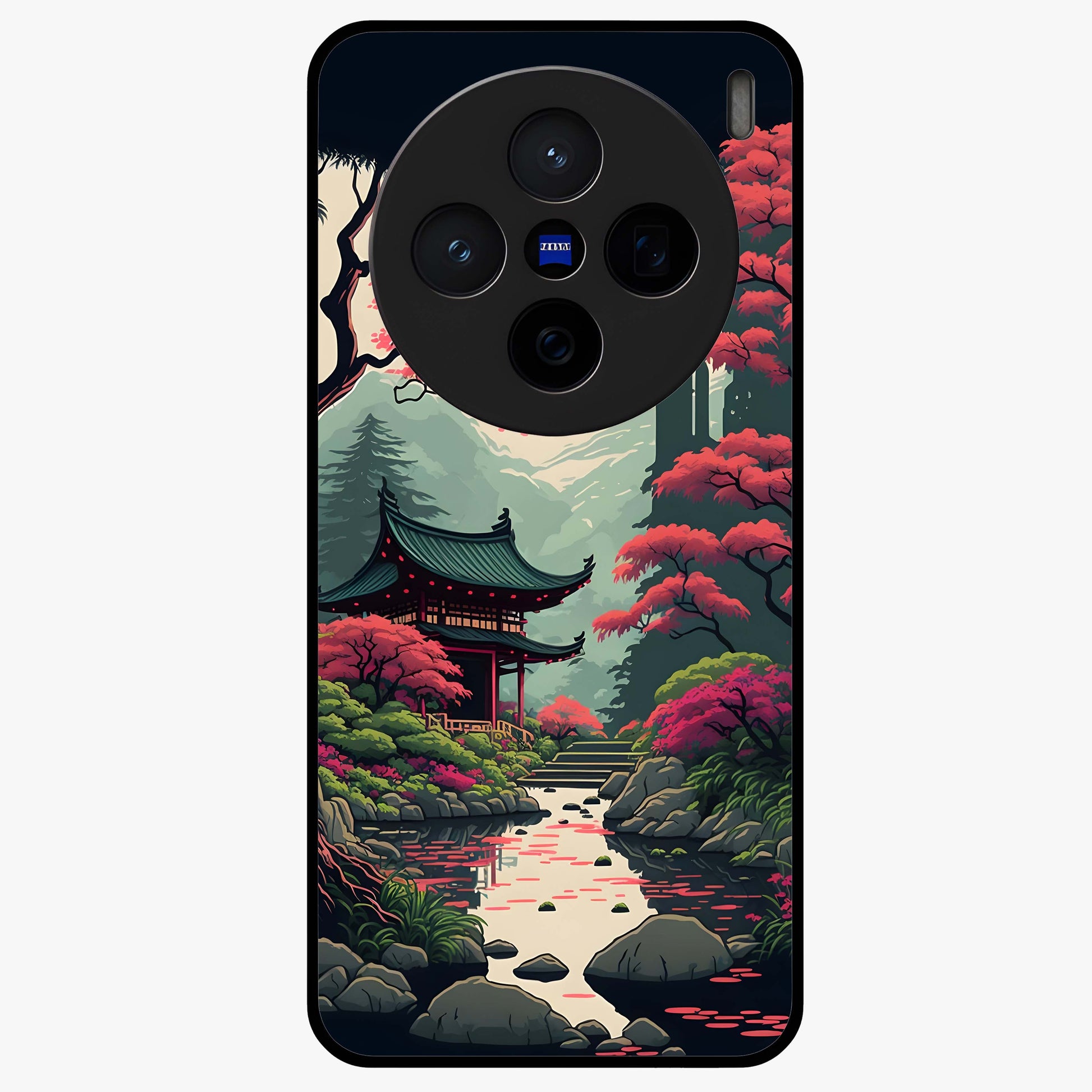 Crimson Temple View Glass Case showing flat back view with temple inspired artwork and glossy glass finish.