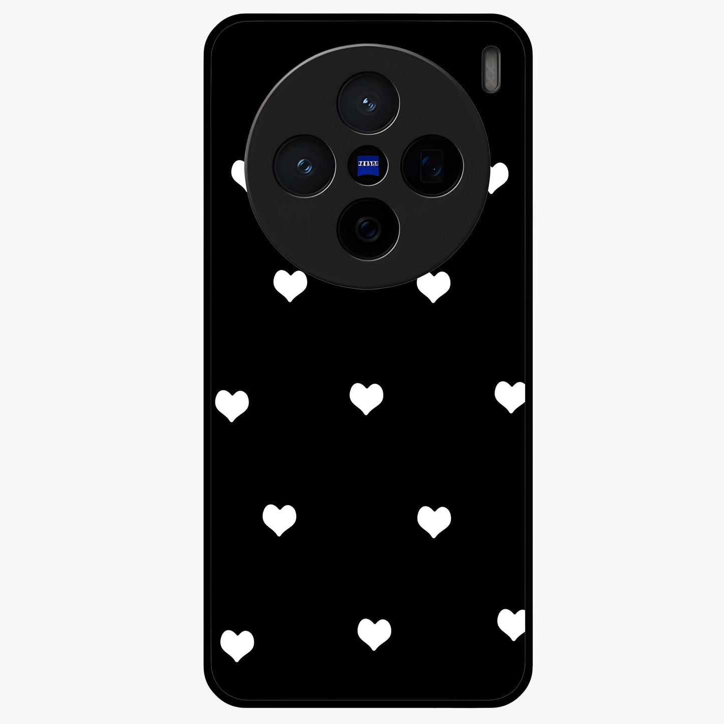 Cute And Simple White Hearts Glass Case showing flat back view with minimal white heart pattern and glossy glass finish.