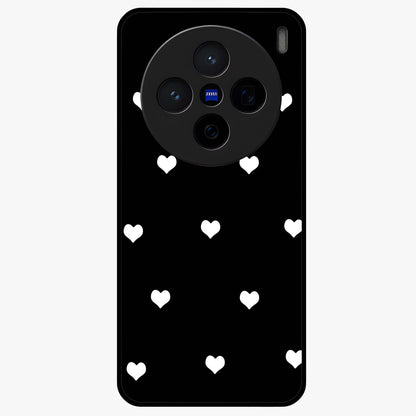 Cute And Simple White Hearts Glass Case showing flat back view with minimal white heart pattern and glossy glass finish.