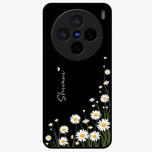 Daisy Cascade Custom Name Glass Case showing flat back view with cascading daisy flowers and personalized name design.