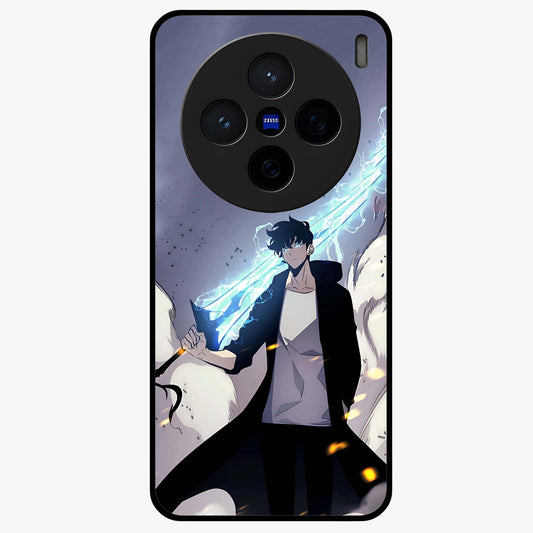 Dark Lightning Anime Warrior Glass Case showing flat back view with intense anime warrior artwork and glossy glass finish.