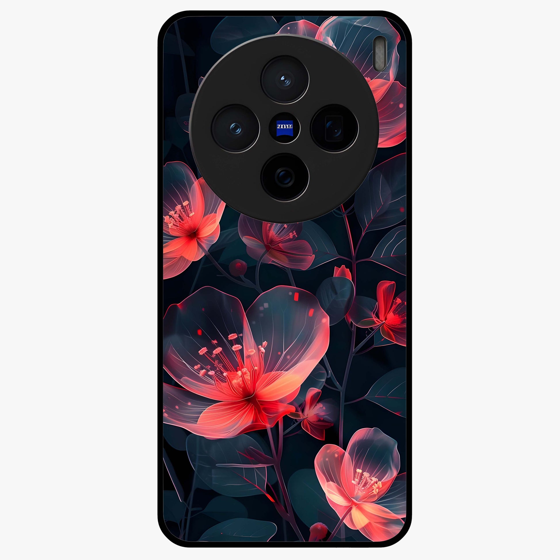 Dark Shade of Flower Glass Case showing flat back view with elegant dark floral artwork and glossy glass finish.