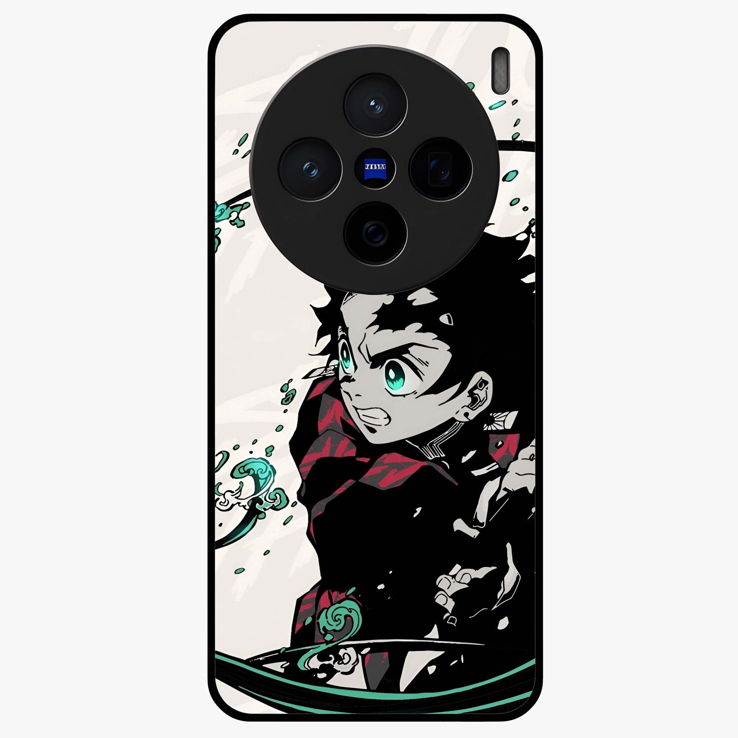 Demon Slayer Glass Case showing flat back view with bold anime inspired artwork and glossy glass finish.