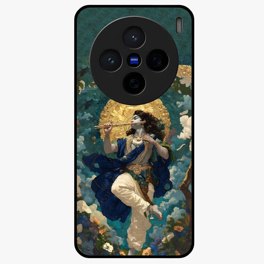 Divine Krishna Art Glass Case showing flat back view with Lord Krishna artwork and glossy glass finish.