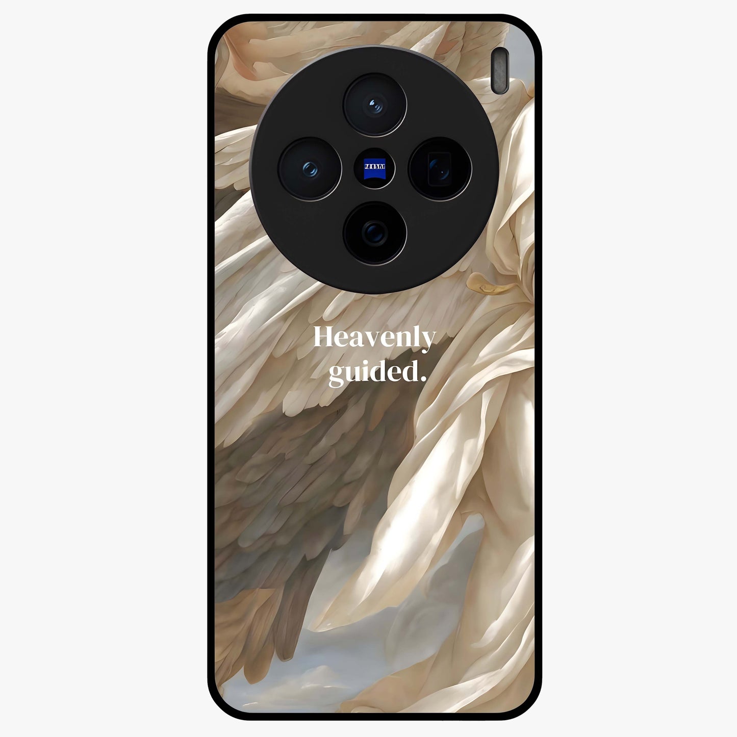 Divine Winged Grace Glass Case showing flat back view with elegant wing inspired artwork and glossy glass finish.