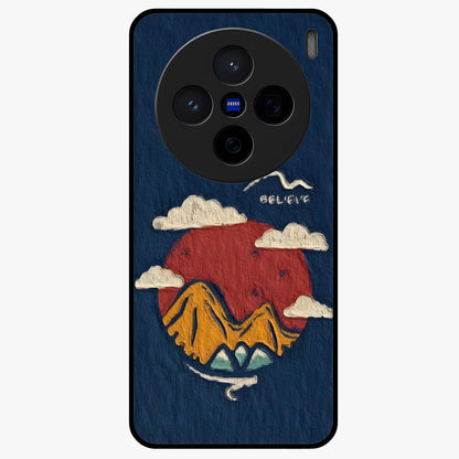 Dream Beyond Mountains Glass Case showing flat back view with scenic mountain landscape artwork and glossy glass finish.