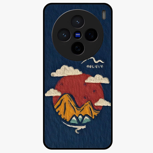 Dream Beyond Mountains Glass Case showing flat back view with scenic mountain landscape artwork and glossy glass finish.