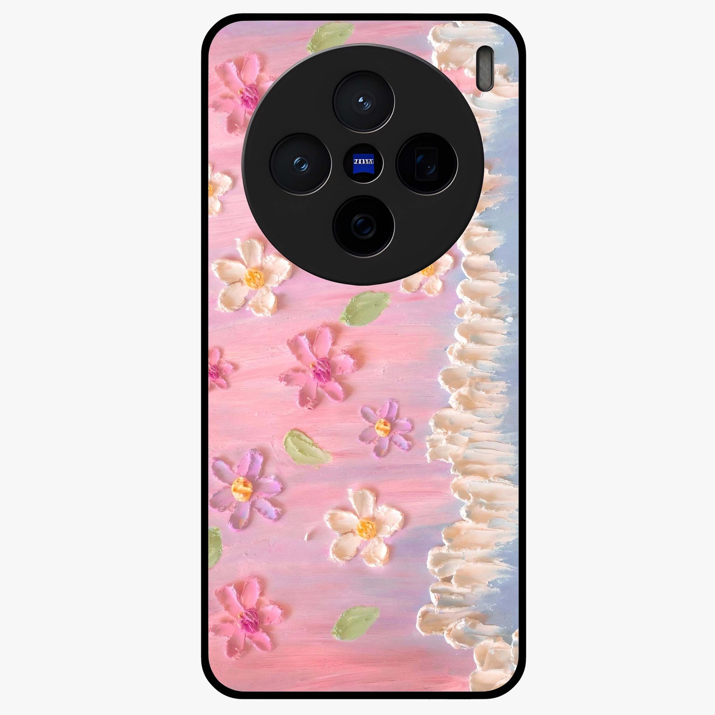 Dreamy Painted Garden Glass Case showing flat back view with artistic painted floral garden artwork and glossy glass finish.