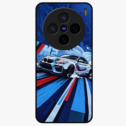 Drift Power Rush Glass Case showing flat back view with dynamic racing inspired artwork and glossy glass finish.