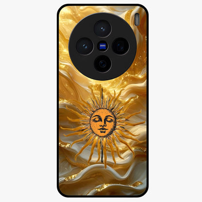 Eternal Golden Glow Glass Case showing flat back view with radiant golden themed artwork and glossy glass finish.