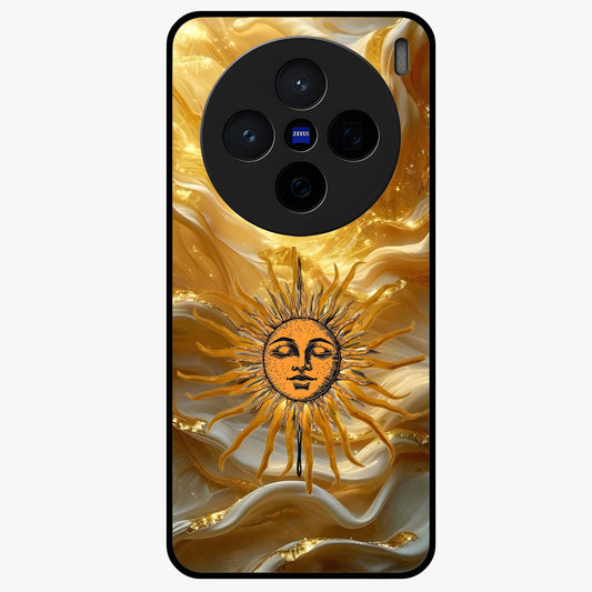 Eternal Golden Glow Glass Case showing flat back view with radiant golden themed artwork and glossy glass finish.