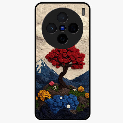 Eternal Nature Tapestry Glass Case showing flat back view with intricate nature tapestry artwork and glossy glass finish.