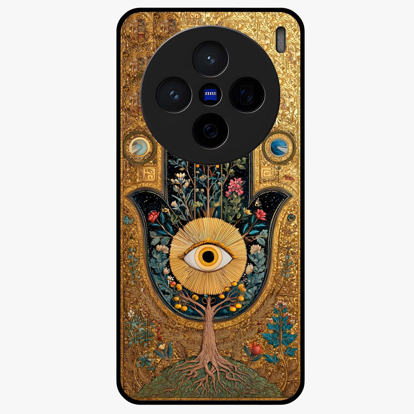 Ethereal Evil Eye Glass Case showing flat back view with mystical evil eye artwork and glossy glass finish.