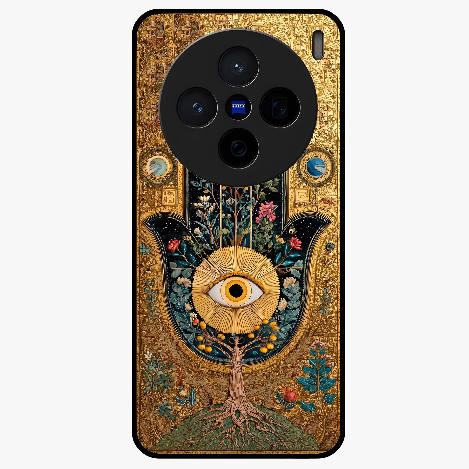 Ethereal Evil Eye Glass Case showing flat back view with mystical evil eye artwork and glossy glass finish.