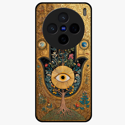 Ethereal Evil Eye Glass Case showing flat back view with mystical evil eye artwork and glossy glass finish.