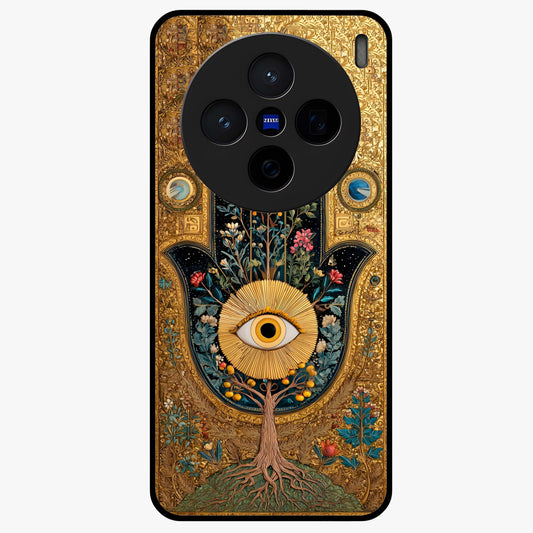 Ethereal Evil Eye Glass Case showing flat back view with mystical evil eye artwork and glossy glass finish.