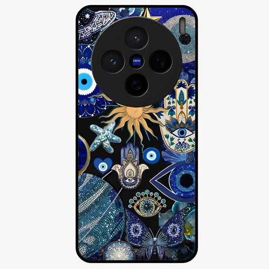 Evil Eye Charm Mix Glass Case showing flat back view with multiple evil eye charms artwork and glossy glass finish.