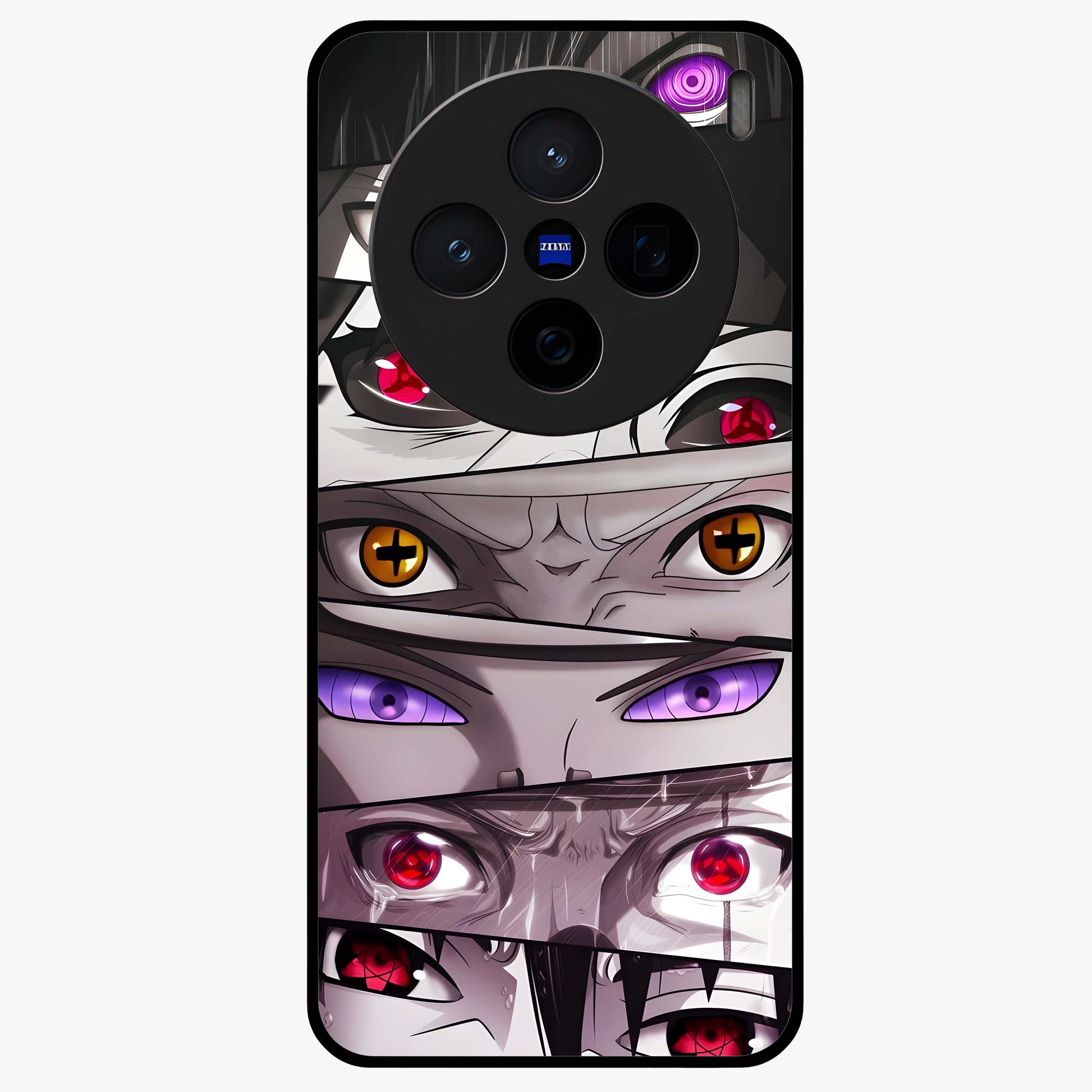 Eyes of Destiny Glass Case showing flat back view with striking eye themed artwork and glossy glass finish.