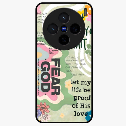 Faith Over Fear Glass Case showing flat back view with motivational typography artwork and glossy glass finish.