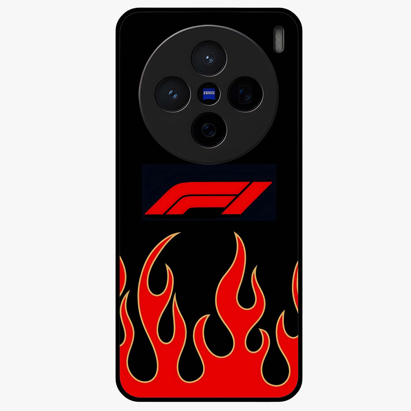 Fire F11 Glass Case showing flat back view with fiery themed artwork and glossy glass finish.