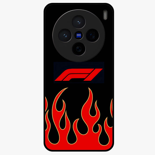 Fire F11 Glass Case showing flat back view with fiery themed artwork and glossy glass finish.