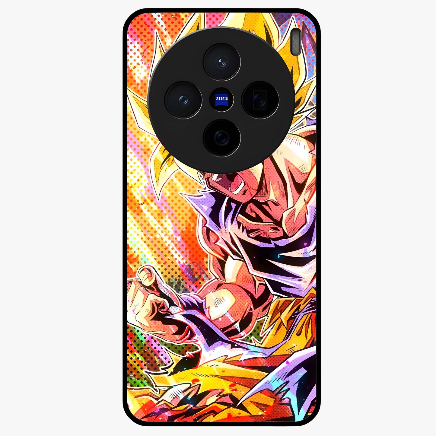 Firing Goku Glass Case showing flat back view with powerful anime inspired artwork and glossy glass finish.