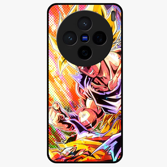 Firing Goku Glass Case showing flat back view with powerful anime inspired artwork and glossy glass finish.