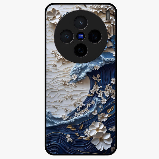Floral Wave Origami Glass Case showing flat back view with origami inspired floral wave artwork and glossy glass finish.