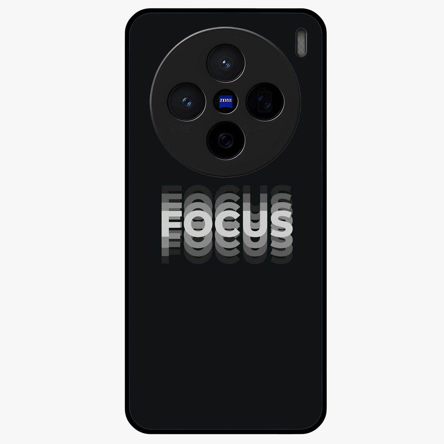 Focus Mode On Glass Case showing flat back view with bold motivational typography design and glossy glass finish.