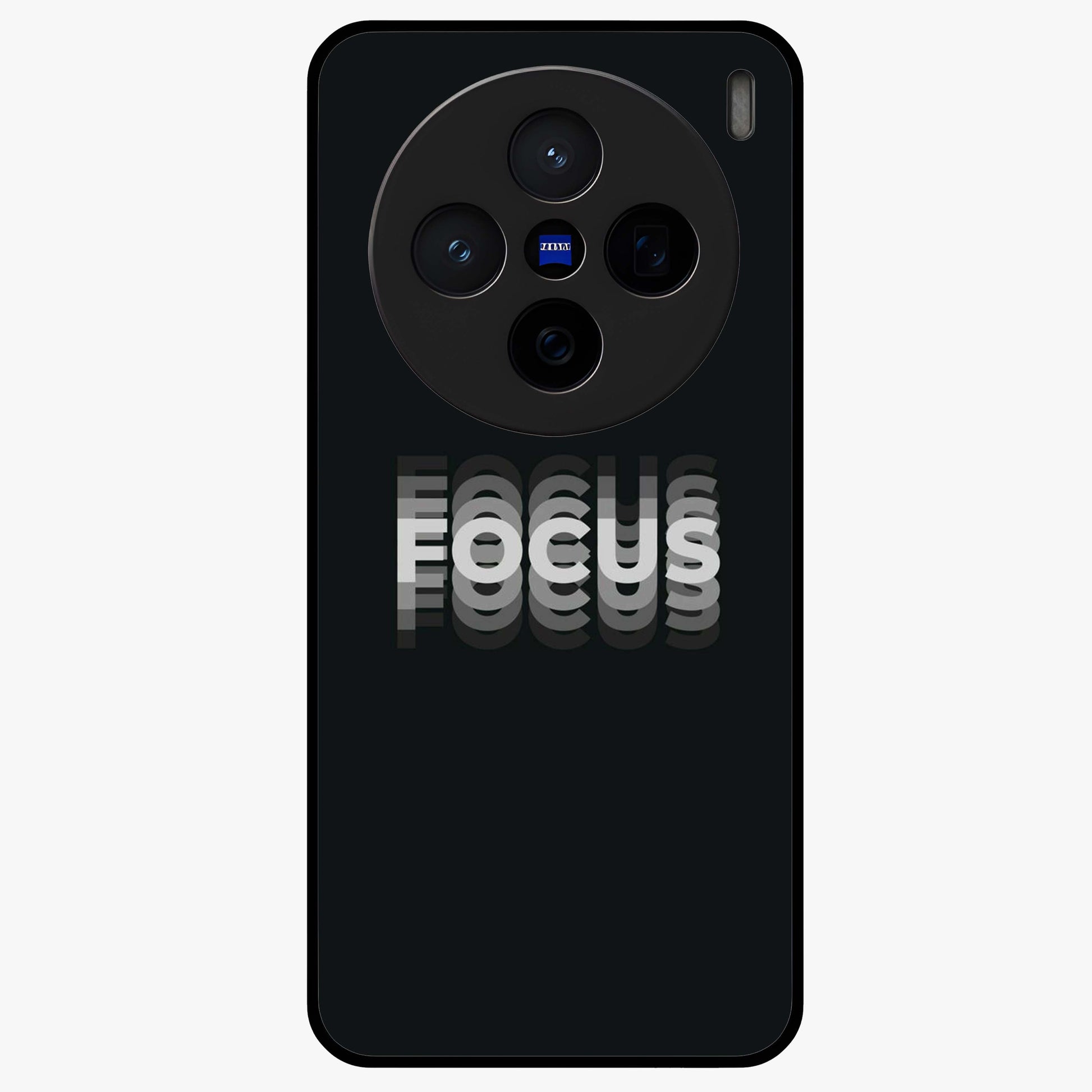 Focus Mode On Glass Case showing flat back view with bold motivational typography design and glossy glass finish.