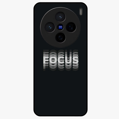 Focus Mode On Glass Case showing flat back view with bold motivational typography design and glossy glass finish.