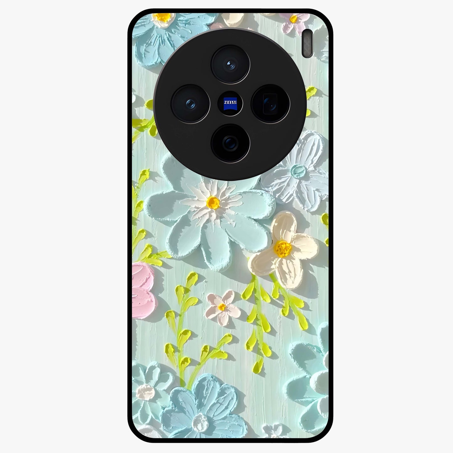 Frosted Petal Garden Glass Case showing flat back view with soft frosted floral artwork and glossy glass finish.