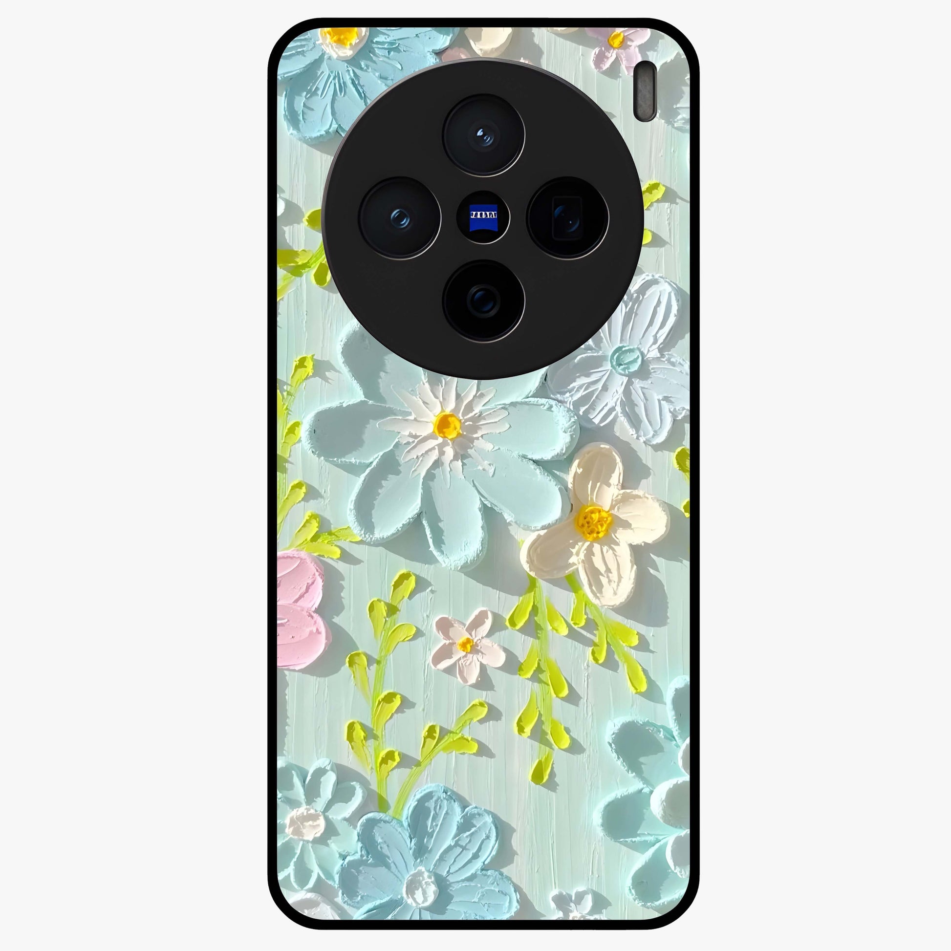 Frosted Petal Garden Glass Case showing flat back view with soft frosted floral artwork and glossy glass finish.