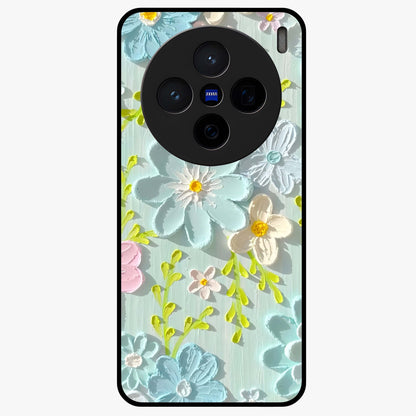 Frosted Petal Garden Glass Case showing flat back view with soft frosted floral artwork and glossy glass finish.