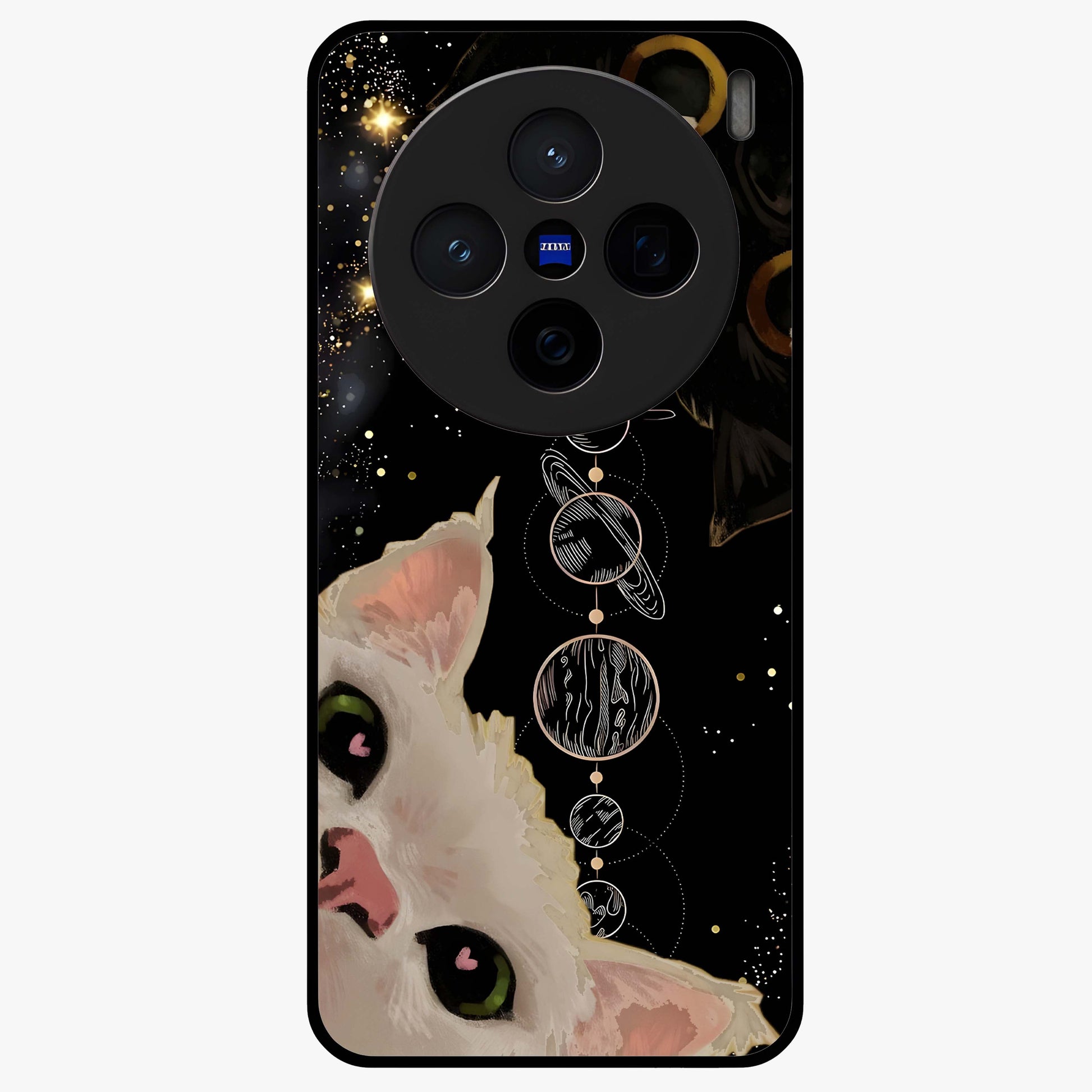 Galactic Cat Glass Case showing flat back view with cosmic cat artwork and glossy glass finish.