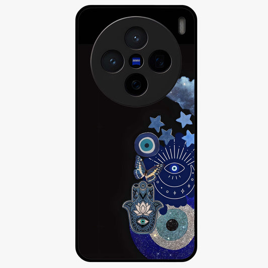 Galactic Charm Cluster Glass Case showing flat back view with glowing celestial charm artwork and glossy glass finish.