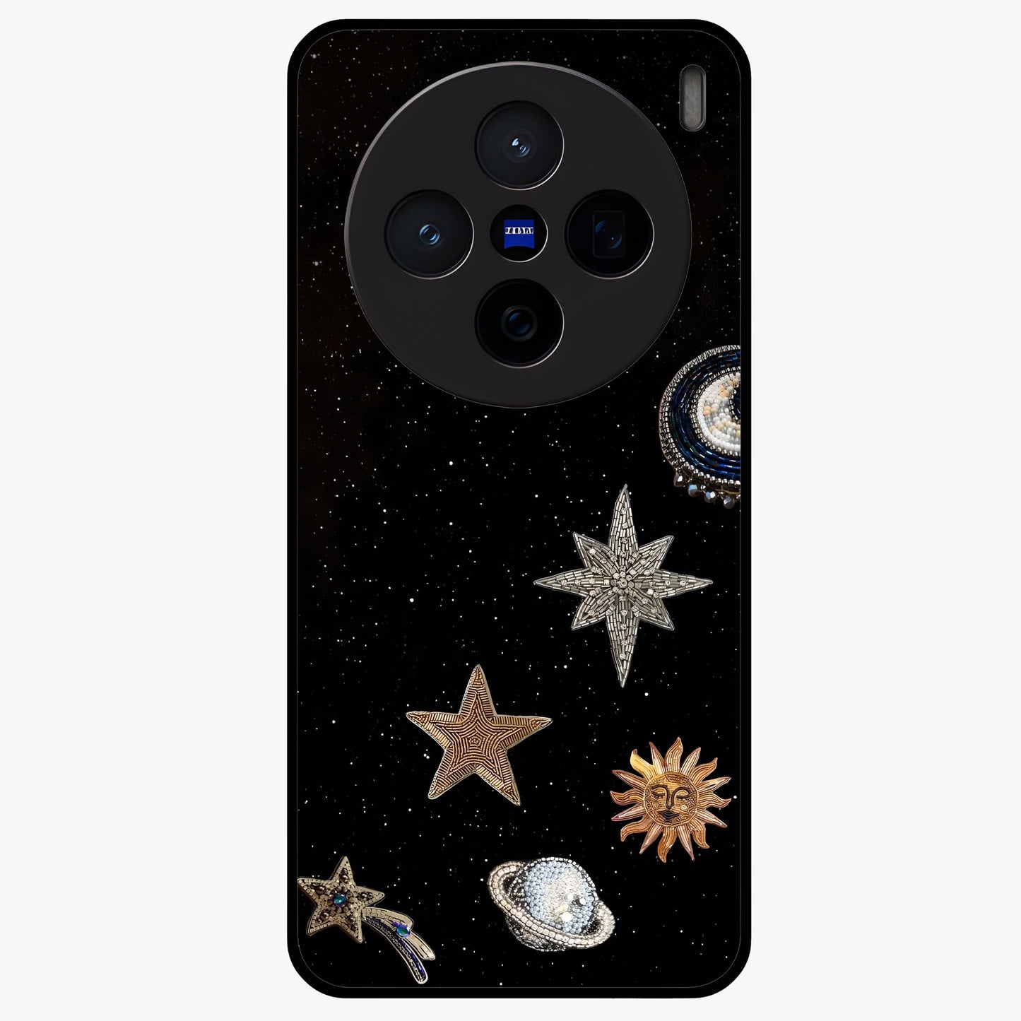 Galactic Charm Glow Glass Case showing flat back view with glowing celestial charm artwork and glossy glass finish.