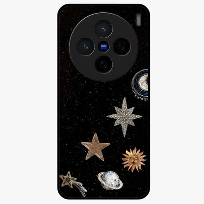 Galactic Charm Glow Glass Case showing flat back view with glowing celestial charm artwork and glossy glass finish.