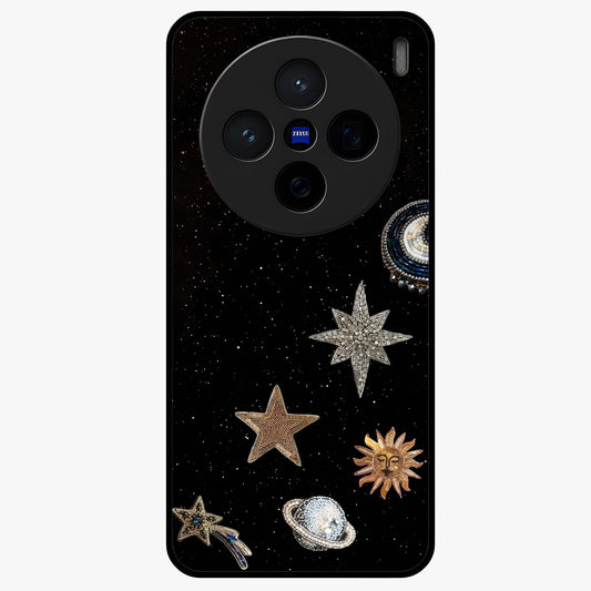 Galactic Charm Glow Glass Case showing flat back view with glowing celestial charm artwork and glossy glass finish.
