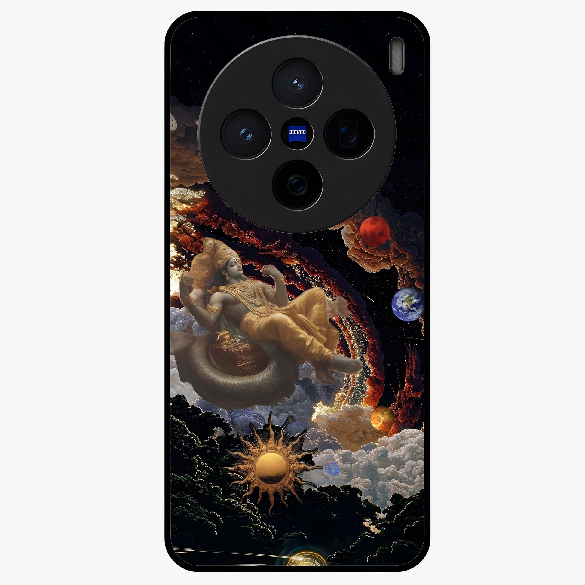 Galactic Divine God Glass Case showing flat back view with divine cosmic themed artwork and glossy glass finish.