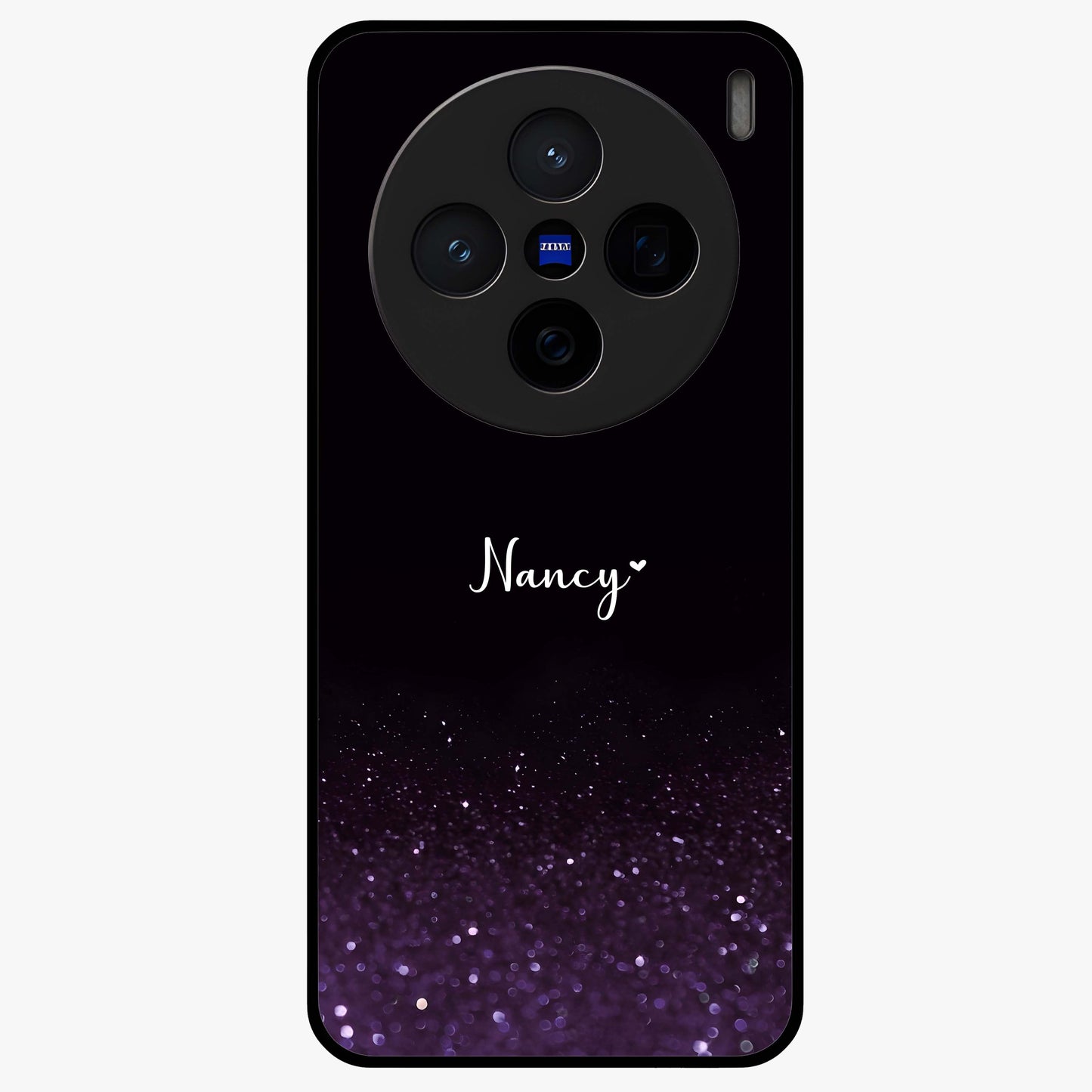 Glittery Purple Bokeh Custom Name Glass Case showing flat back view with purple bokeh sparkle artwork and personalized name design.