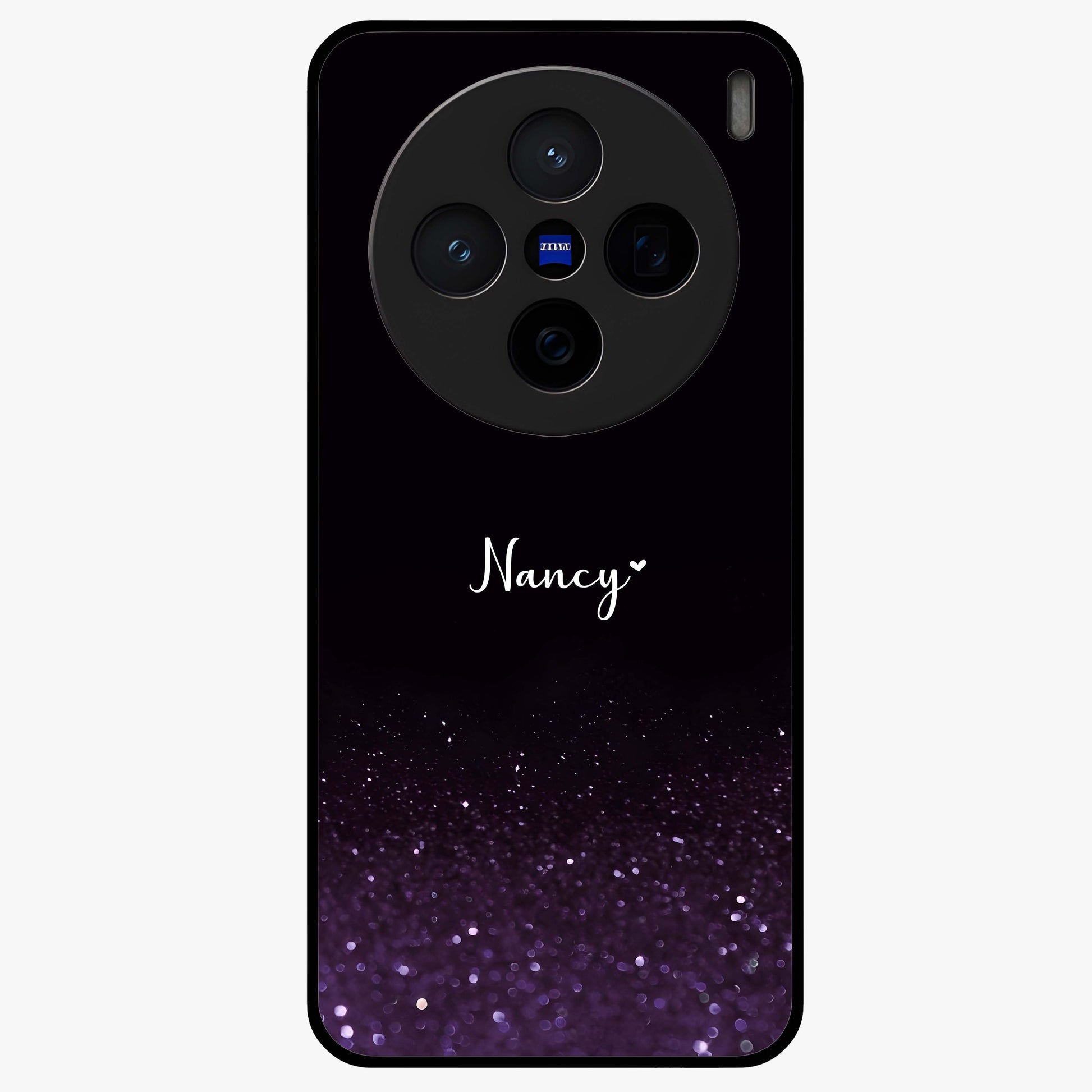 Glittery Purple Bokeh Custom Name Glass Case showing flat back view with purple bokeh sparkle artwork and personalized name design.