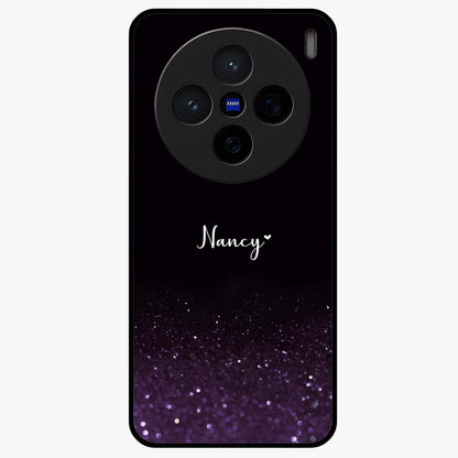 Glittery Purple Bokeh Custom Name Glass Case showing flat back view with purple bokeh sparkle artwork and personalized name design.