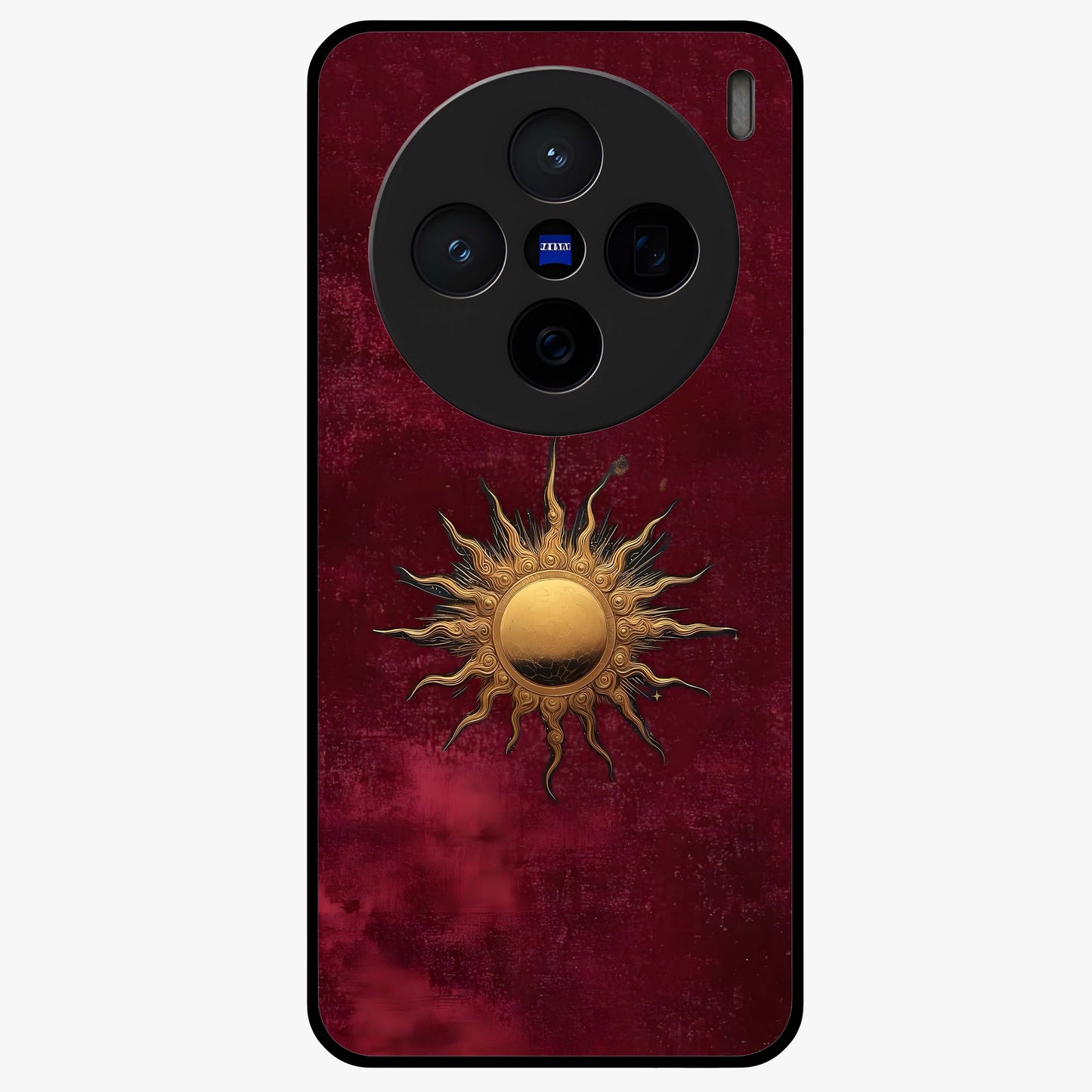 Gold Sun Blush Glass Case showing flat back view with golden sun inspired artwork and glossy glass finish.